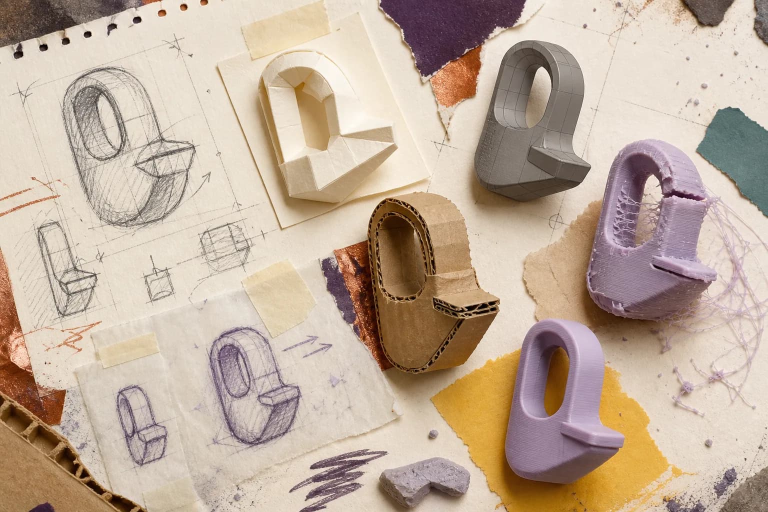 Editorial collage of a product evolving through sketch, paper, cardboard, CAD, a failed print, and a revised print